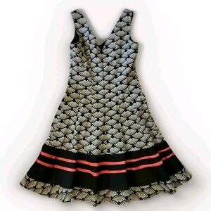 Nine West Sleeveless Black & White Patterned Fit and Flare Midi Dress, Size 2